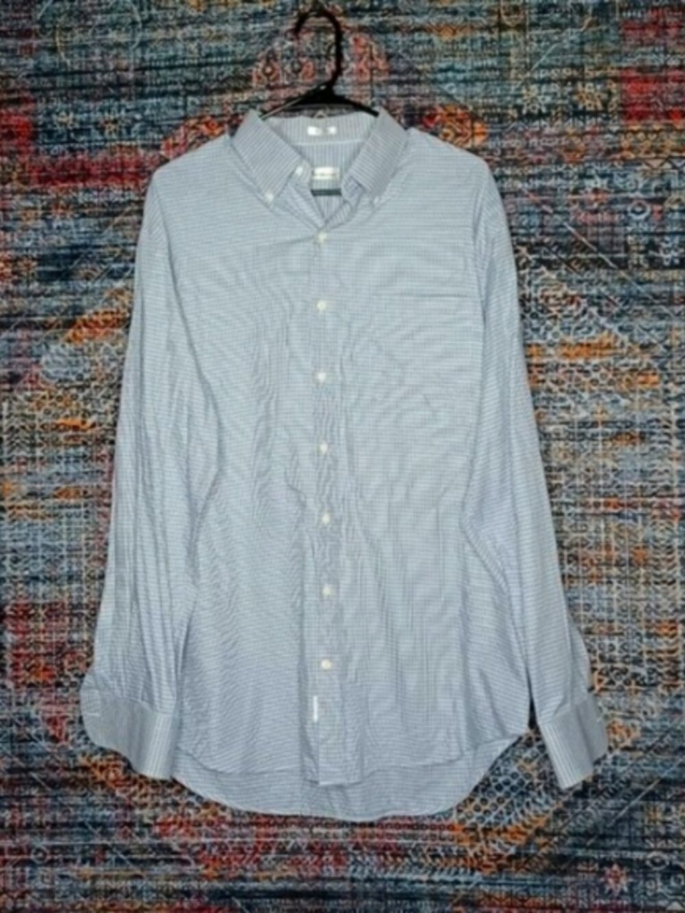 Peter Millar mens white blue khaki plaid button front shirt L EUC